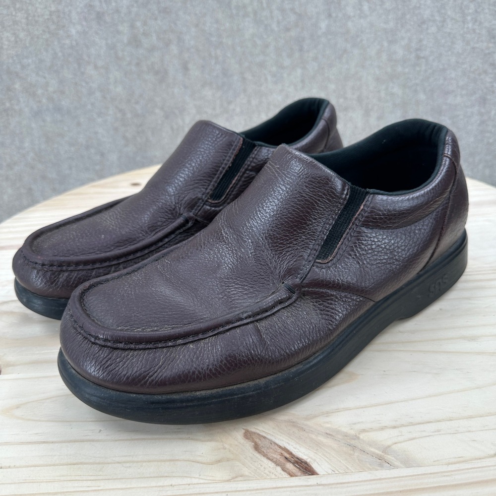 SAS Side Gore Slip-On Shoes Brown Pebbled Leather Loafers Moc Toe Comfort 13 W